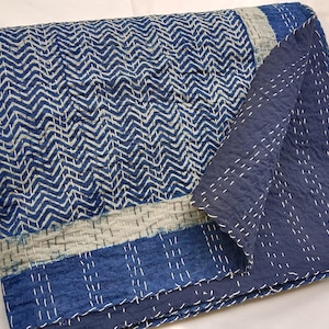 Indigo Blue Kantha Indian Handmade cotton  Kantha bedspread blue indigo Indian hand indigo dark blue hand block print quilt Bedding Throw