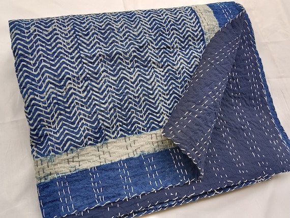 Indigo Blue Kantha Indian Handmade cotton  Kantha bedspread blue indigo Indian hand indigo dark blue hand block print quilt Bedding Throw