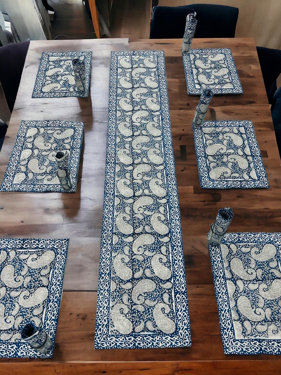 Hand Block Printed Premium Matching Runner With Napkins for 6 Seater with Premium Table Mat Set Hand Block Print
