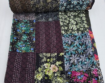 Handmade Silk Patola Patchwork Kantha Quilt: Vintage Style Bedding
