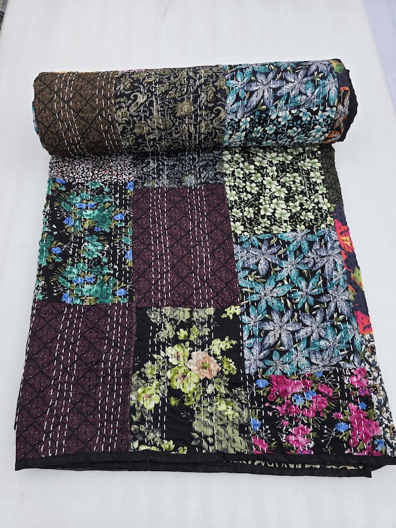 Indian Silk Patola Patchwork Handmade Kantha Quilt Assorted Patchwork Kantha Handmade Vintage Quilts Assorted Vintage style vintage design
