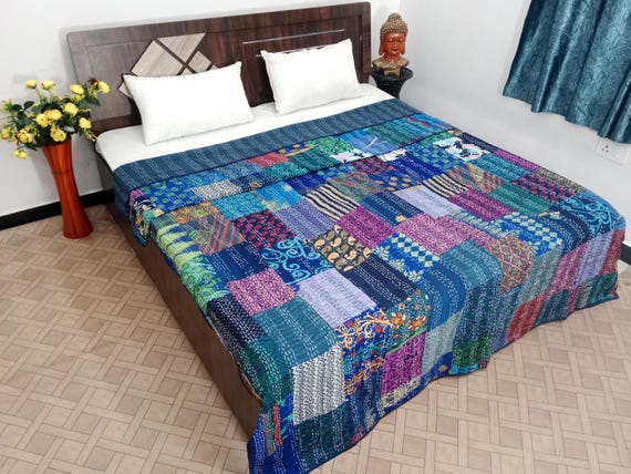 Handmade Patchwork Kantha Quilt: Vintage Indian Bedding  Bedspread