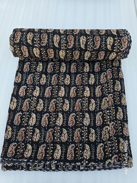 Kantha Quilt Bedding Hand Block Print Floral Blanket Indian Natural Color, Hand-Stitched Rural Kantha Bedding, Ethnic Home Décor Style