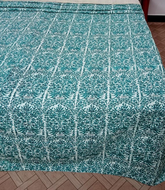 Kantha Quilt Bedding Hand Block Print Floral Blanket Indian Natural Color, Hand-Stitched Rural Kantha Bedding, Ethnic Home Décor Style