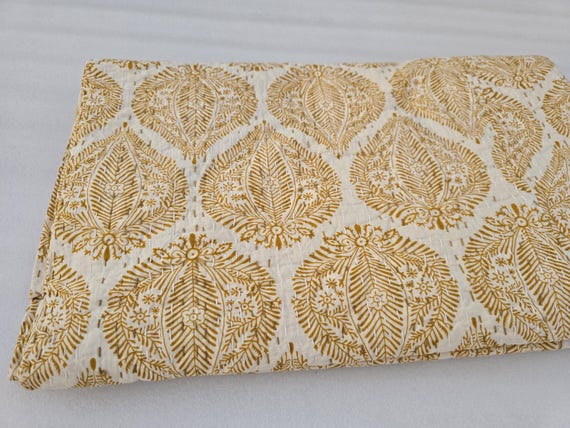 Handblock Print Floral Kantha Quilt: Indian Cotton Bedding