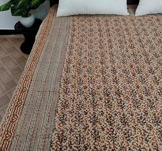 Hand-Stitched Kantha Quilt: Floral Block Print, Indian Cotton