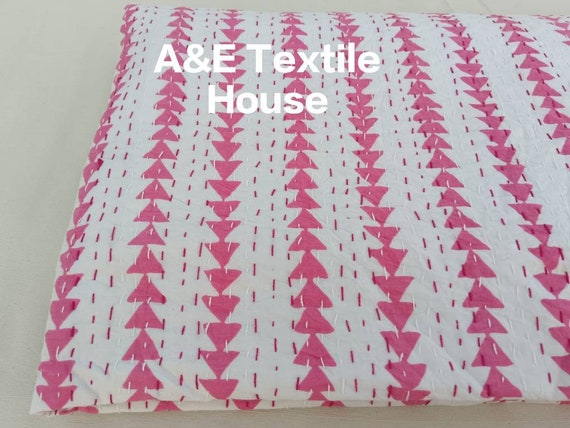 Pink Triangles Hand Block Print Kantha Quilt Pink And White Flowers Quilt Indian Kantha Pink Handmade Queen Pink Quilt Pink Quilted Bedding