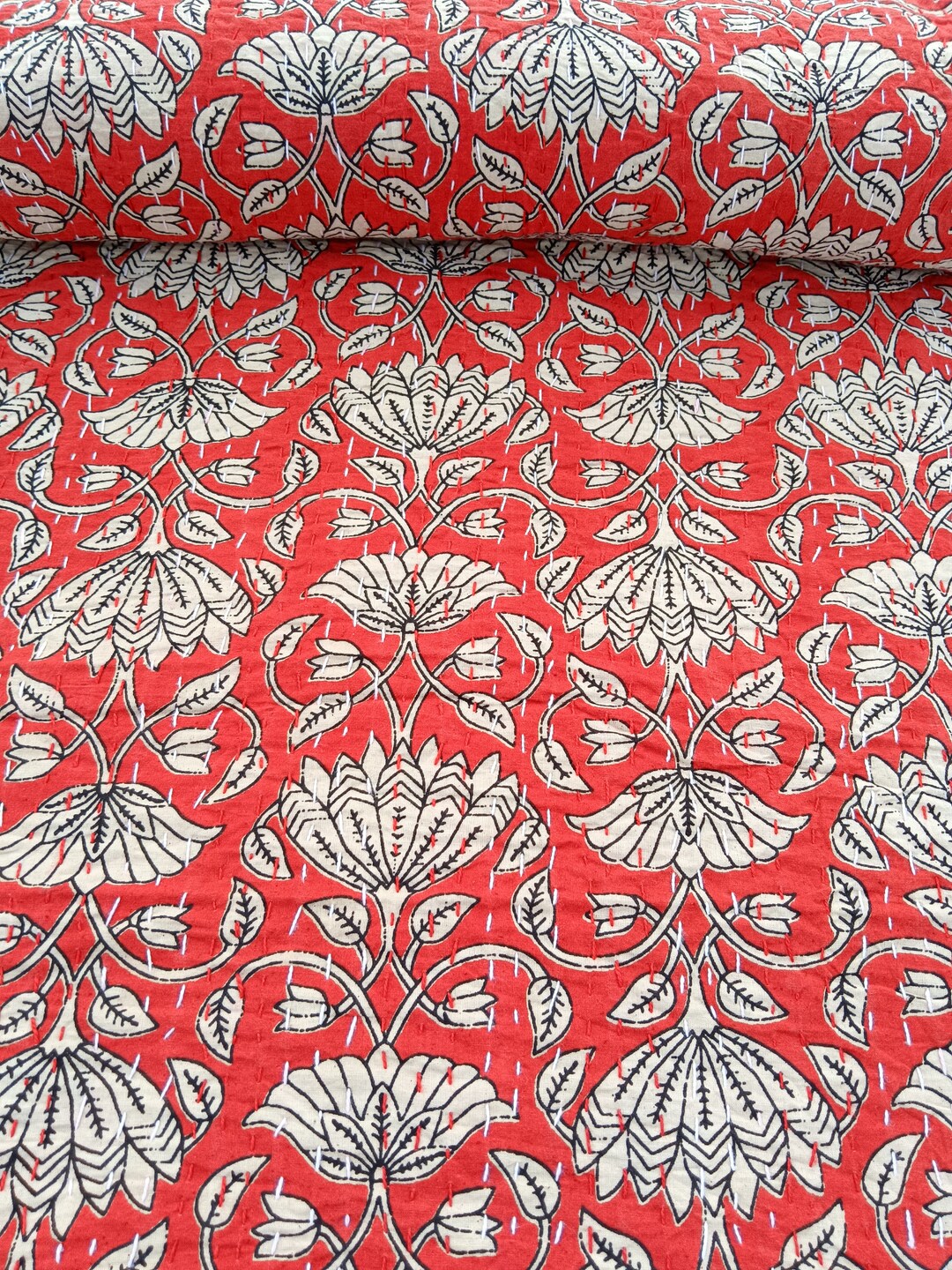 Red Floral Kantha Quilt King Indian Print Quilt Kantha Quilt Handblock