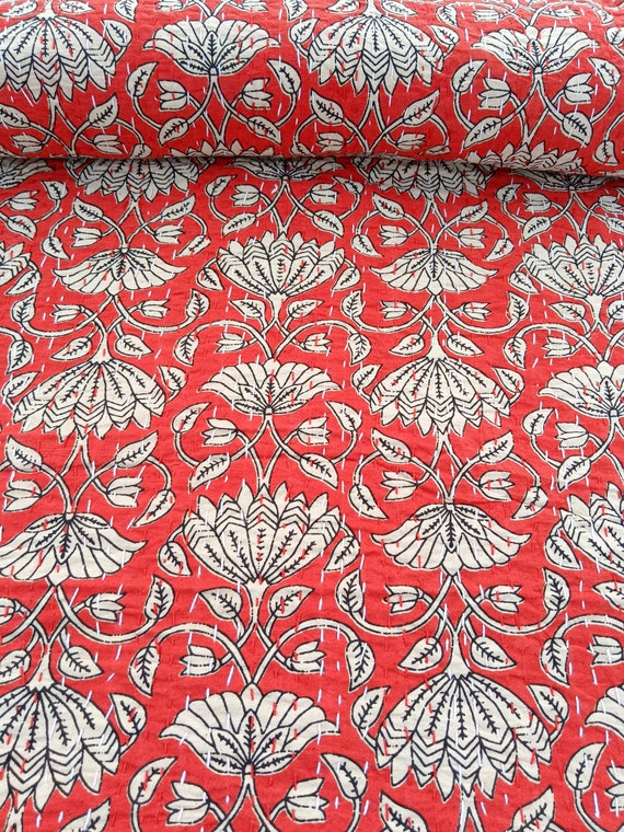 Red Floral Kantha Quilt King Indian Print Quilt Kantha Quilt Handblock floral Print Quilt Floral Print Quilt kantha quilt kantha quilt queen