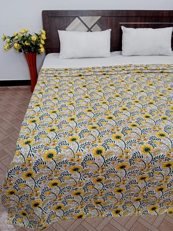 Bagru Floral Kantha Quilt: Handblock Print Indian Cotton Bedding