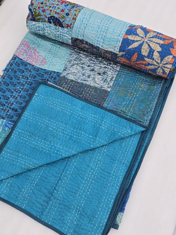 Indian Silk Patola Patchwork Handmade Kantha Quilt Assorted Patchwork Kantha Handmade Indian Throw Blanket Home Decor,