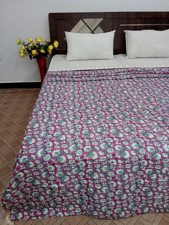 Kantha Quilt Bedding Hand Block Print Floral Blanket Indian Natural Color, Hand-Stitched Rural Kantha Bedding, Ethnic Home Décor Style