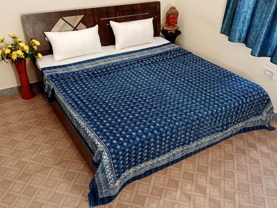 Indigo Blue white Kantha Quilt Indian Hand Block Print Bedding Bedspread All Size cotton quilts navy queen sized organic cotton quilt indigo