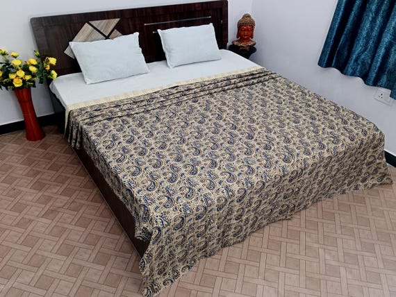 Hand Block Print Kantha Quilt: Floral Indian Cotton Bedding