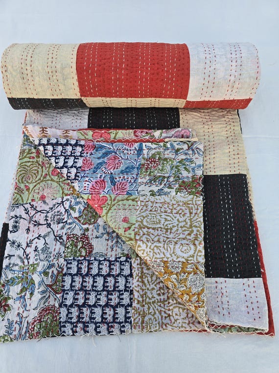 Kantha Quilt Bedding Hand Block Print Floral Blanket Indian Natural Color Hand-Stitched Rural Kantha Bedding Ethnic Home Décor Style Bedding