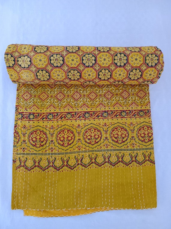 Vintage Floral Ajrak Block Print Kantha Quilt | Hand-Stitched Cotton Bedding | Indian Bedspread, Cotton Quilt, Reversible