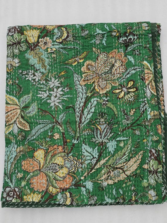 Floral Kantha Quilt: Hand-Stitched Indian Cotton Bedspread