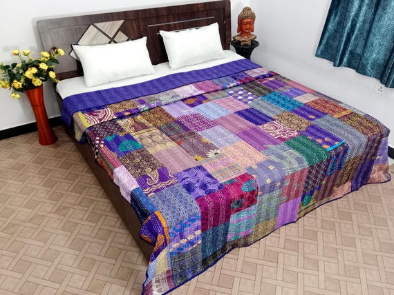 Handmade Patchwork Kantha Quilt: Vintage Indian Bedding  Bedspread
