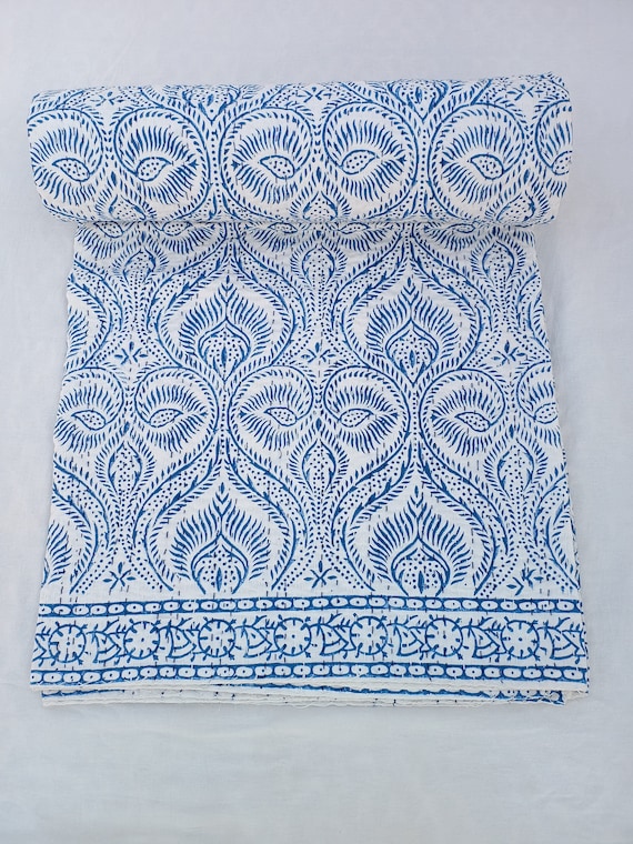 Asian design full size quilt for sale handmade Indian Block print bedding bedspread full size Kantha Quilted