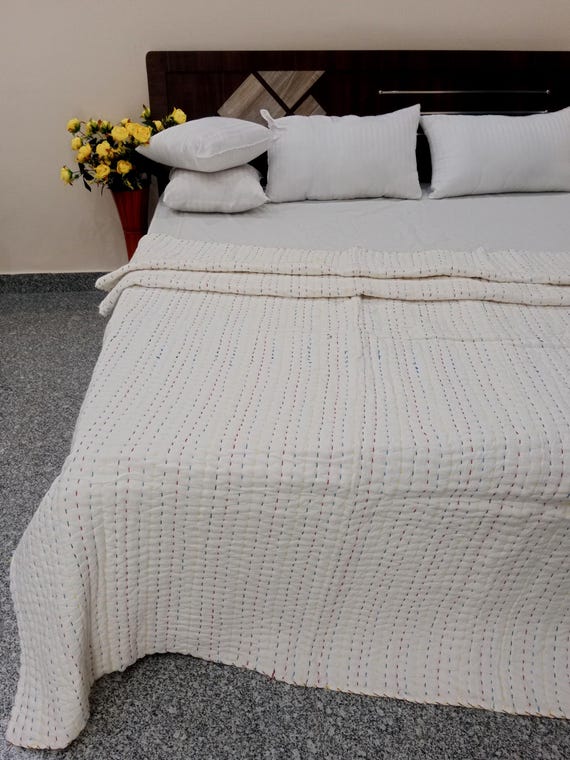 Premium Bed Decor Blankets, Indian Reversible Quilt, Handmade Jaipuri Razai, Soft Cotton Kantha Quilt, Queen Size Bedding Blanket For Home