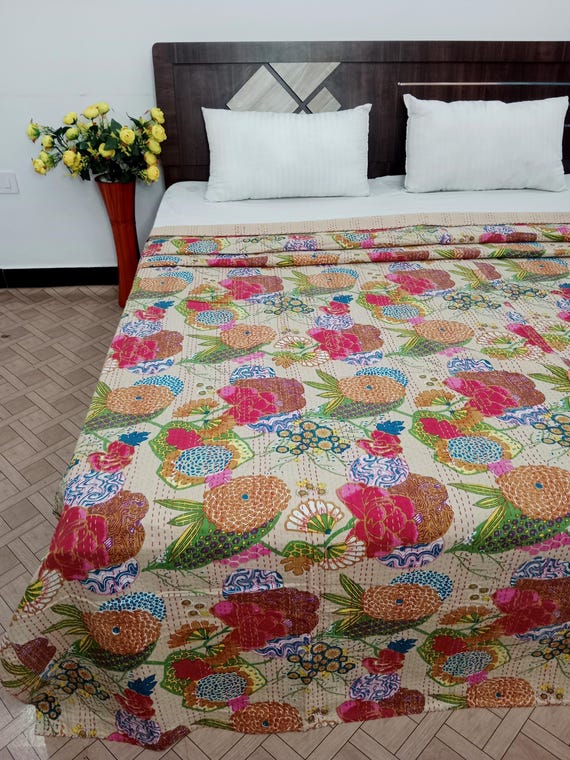 Handblock Fruit Print Kantha Quilt: Indian Cotton Bedding