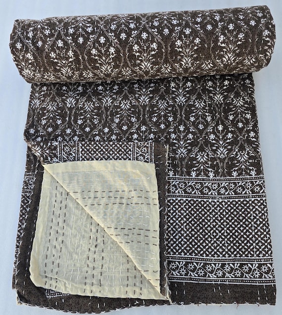 Handmade Kantha Quilt, Vintage Brown Floral Block Print Bedding, Hand-Stitched Earth Tone Queen Size Throw, Rustic Brown Bed Cover