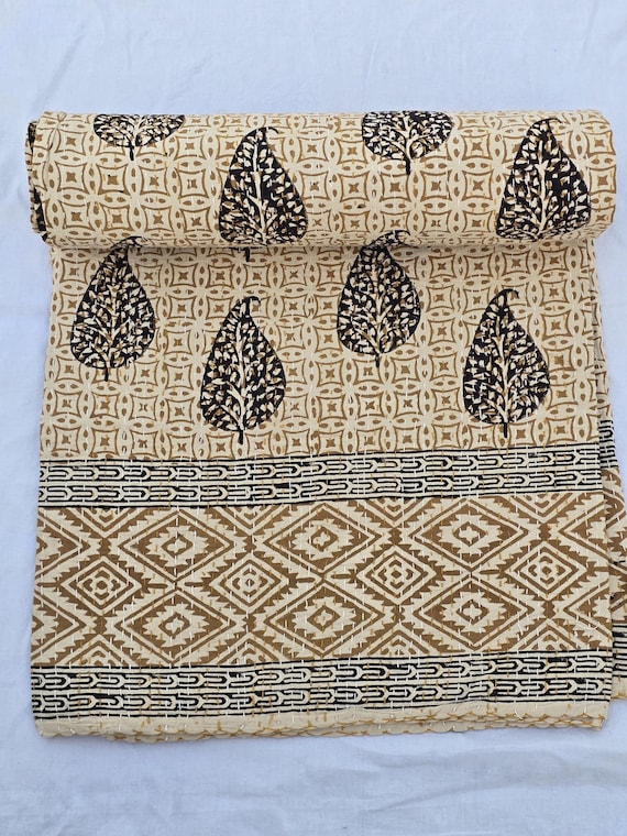 Floral Kantha Quilt, Vintage Block Print Bedding, Handmade Cotton Bedspread