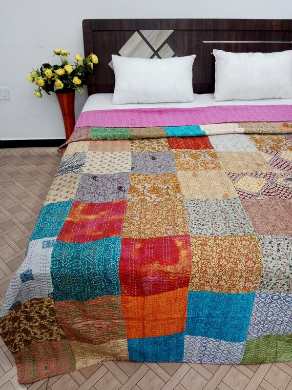 Handmade Patchwork Kantha Quilt: Vintage Indian Bedding  Bedspread