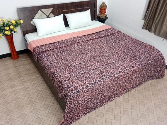 Handmade Kantha Quilt, Vintage Floral Block Print Bedding Vintage Bedding Quilt Gorgeous Quilt that has the Perfect Vintage look