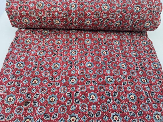 Hand Block Print Kantha Quilt: Floral Indian Cotton Bedding