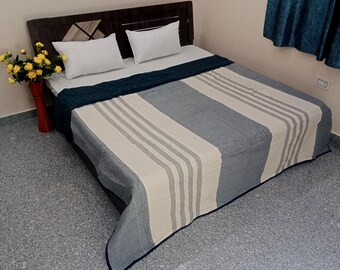 Cotton Kantha Quilt, Handmade Boho Bedspread Natural Quilted Dry Clean Only Farmhouse Bedding
