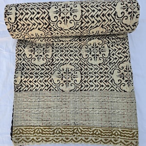 Hand Block Print Kantha Quilt: Floral Indian Blanket