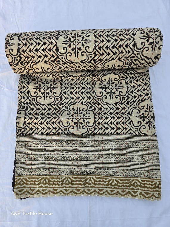 Kantha Quilt Bedding Hand Block Print Floral Blanket Indian Natural Color, Hand-Stitched Rural Kantha Bedding, Ethnic Home Décor Style
