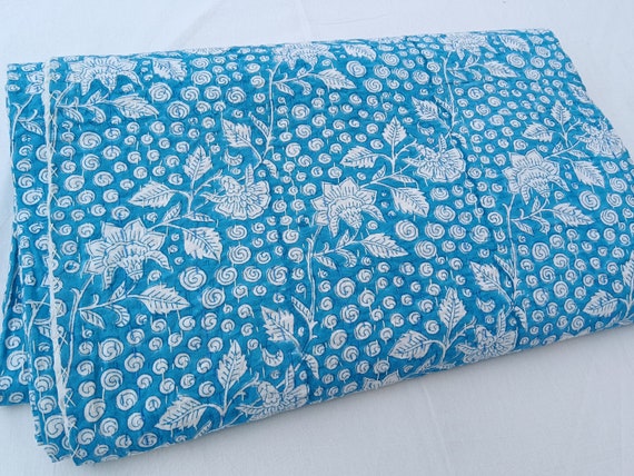 Premium Indian Kantha Quilt Hand block Print Kantha Boho Bedding Bedspread full queen light blue king size cotton blanket Christmas Gift