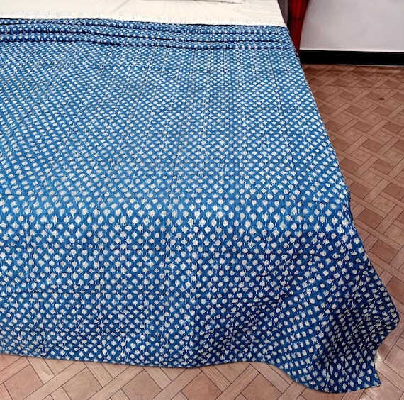 Indigo Blue Floral Kantha Quilt: Hand Block Print Cotton Bedspread