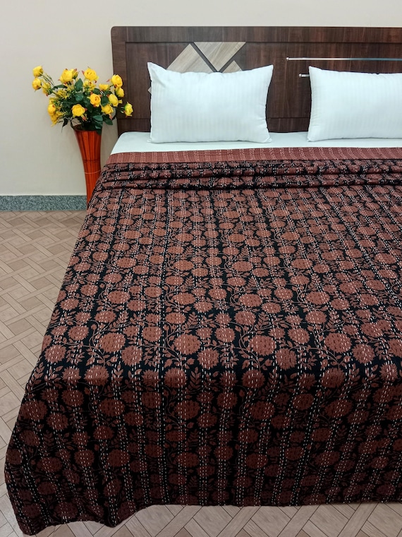 Premium Hand Stitched Kantha Quilta, Chocolate Brown Floral Print, Hand Block Printed Indian Quilt, Natural Color & Vegetable Dye Home Decor