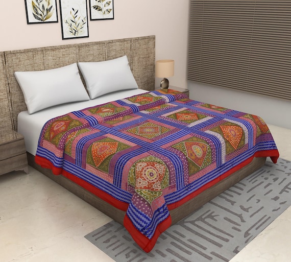 Bedding Bedspread Vintage style vintage design Handblock Print Indian Netural Colour floral Hand Stitched Natural vegetable dye