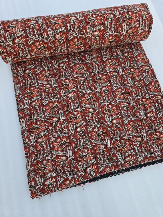 Floral Handblock Print Kantha Quilt - Indian Cotton Bedding
