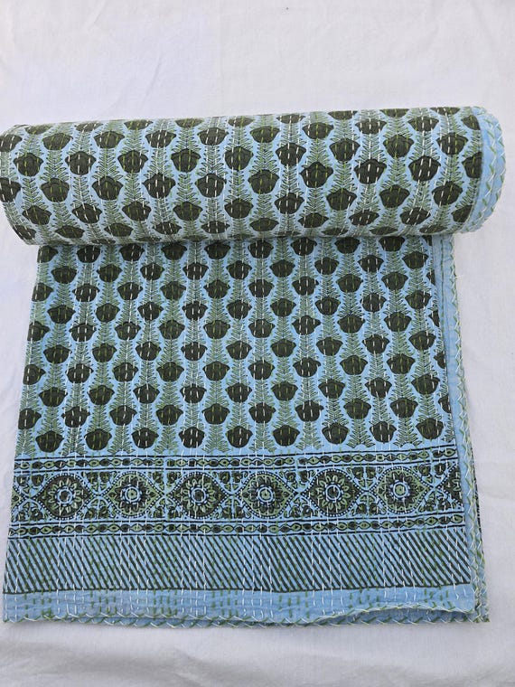 Block Print Quilt Handmade Kantha Quilt Vintage Floral Block Print Bedding Cotton Bedspread