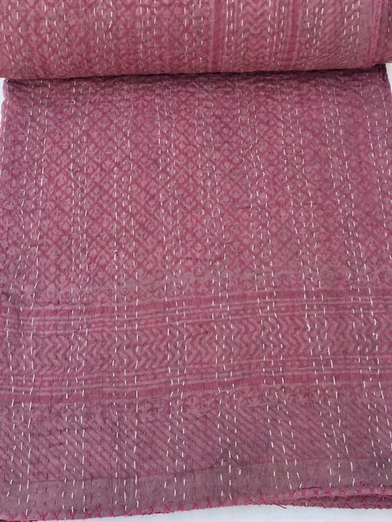 Hand Stitched Kantha Quilt: Floral Print Cotton Throw - Vintage Style