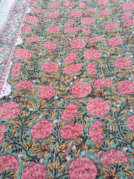 Preppy Room decor Kantha Quilt kantha Throw Blanket kantha quilted Flowers print Cotton kantha quilt floral design bedding bedspread