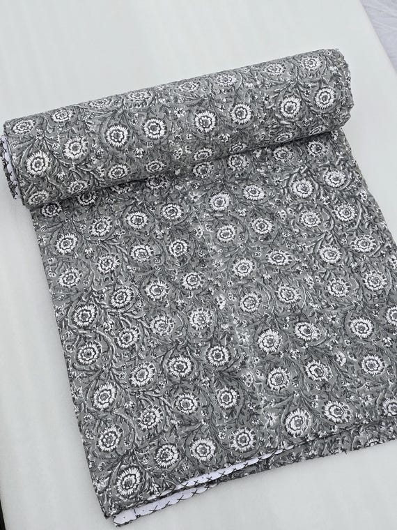 Kantha Quilt Queen Sofa cover gray pattern gray kantha quilt queen  gray and white quilt handmade, grey bedspreads indian pattern Quilt