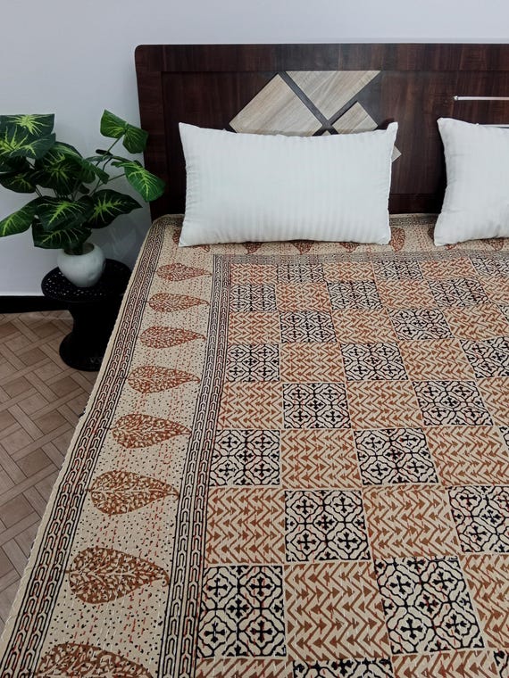 Hand Block Print Kantha Quilt: Floral Indian Blanket, Natural Color