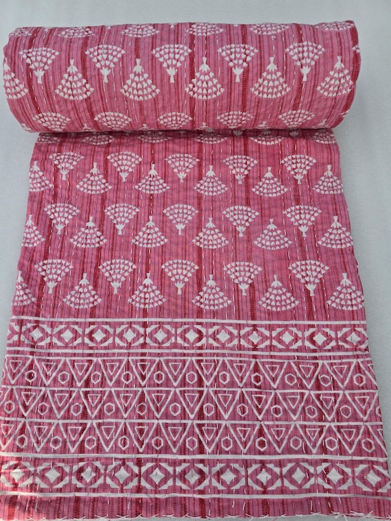 Pink Floral unique Block printed textile It displays special traditional designs and patterns Floral Vintage Floral design kantha quilted