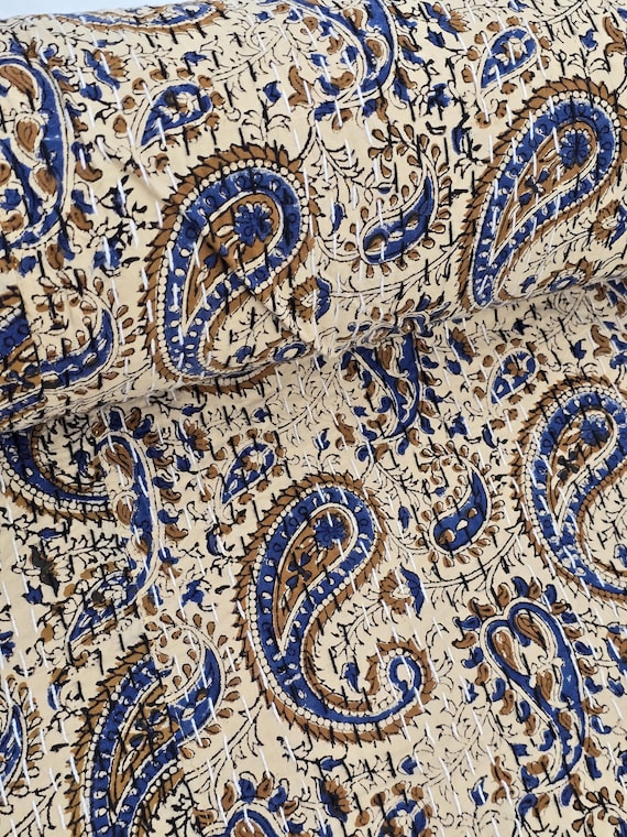 Premium Floral Kantha Quilt Handblock Print floral Kantha Indian Bedding Natural Color Indian inspired Bedding Decor Summer Trends Quilt