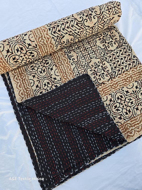 Hand Block Print Kantha Quilt: Floral Indian Cotton Bedding