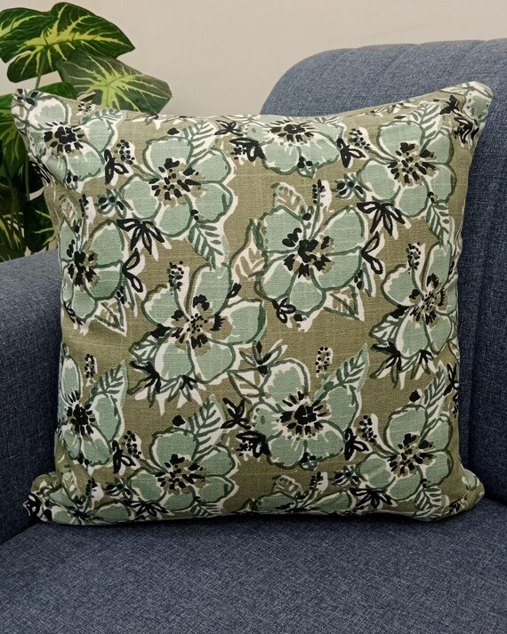2 Pieces 16x16 inches Handblock print Floral Print Pillow Covers Cotton Fabric 1 pair 16x16 Inches Size Handblock print Natural Colour
