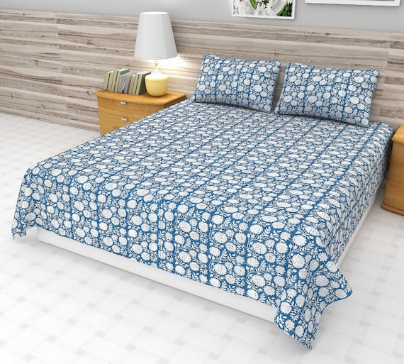 Blue Floral Design Kantha Quilt Handblock Print Blue floral Kantha Indian Netural blue Colour Indian inspired Bedding Hand Stitched Quilted