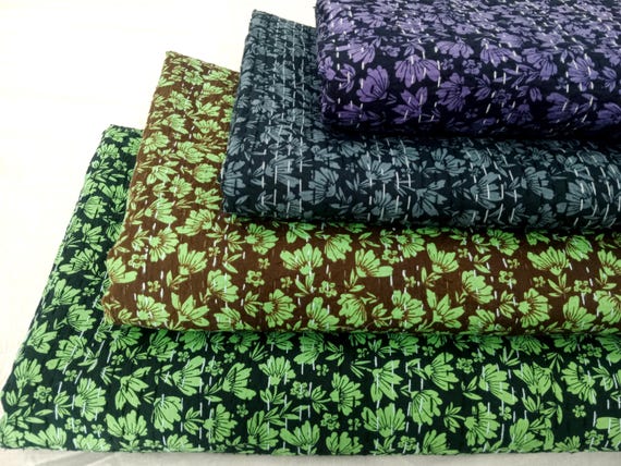 Handmade Kantha Quilt, Vintage Floral Block Print Bedding Vintage Bedding Quilt Gorgeous Quilt that has the Perfect Vintage look