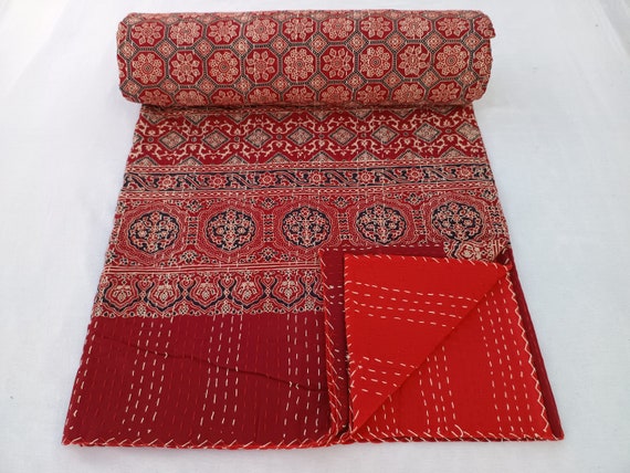 Ajrak Block Print Kantha Quilt: Vintage Floral Design, Double/Queen